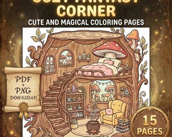 Cozy Fantasy Corner Coloring Pages – 15 Whimsical Nooks (PDF + PNG Download)