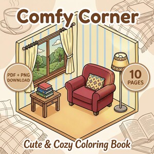 May include: An illustration of a cozy corner scene with a red armchair, a small wooden table with books, and a window overlooking a landscape. The text "Comfy Corner" and "Cute & Cozy Coloring Book" are displayed. Includes 10 pages.