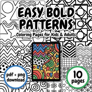 Op de afbeelding: Digitale download van kleurplaten met de tekst "EASY BOLD PATTERNS Coloring Pages for Kids & Adults". De afbeelding toont een tablet met een kleurrijk ontwerp, omringd door zwart-wit patronen. Bevat 10 pagina's.