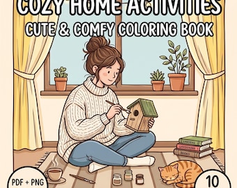 May include: An illustration of a woman painting a birdhouse, part of a coloring book. The image includes text that reads "COZY HOME ACTIVITIES CUTE & COMFY COLORING BOOK" and "PDF + PNG DOWNLOAD" and "10 PAGES". A cat is curled up on a rug.