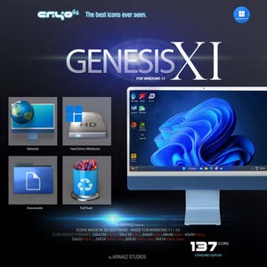 May include: A promotional image for Genesis XI icons for Windows 11. The image features a desktop computer with a blue and white interface, and several icon examples. Text includes "The best icons ever seen" and "137 Icons".