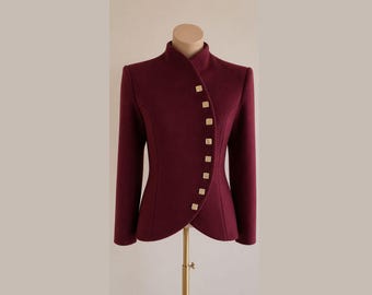 Asymmetrical Blazer Women, Burgundy Tailored Jacket, Minimalist Formal Blazer, Structured Office Wear Coat, Elegant Designer Jacket