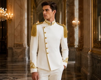 Men's White Military Prince Suit Set | Royal Wedding Uniform Jacket & Pants | Cotton Hussar Outfit | Groom Ceremony Suit | Officer Uniform