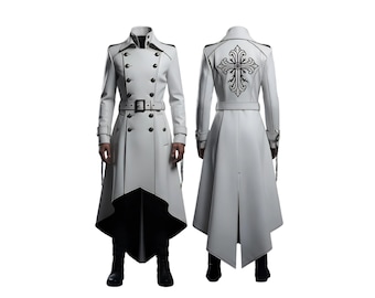 Weißer Gothic Trenchcoat | Steampunk Long Jacke mit schwarzer Kreuz Stickerei | Handgefertigte Asymmetrische Winter Ledermantel