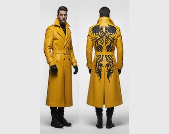 Gelber Gothic Leder Trenchcoat | Drachen Bestickte Lange Jacke Handgemachter Steampunk Wintermantel | Designer Cosplay Mode