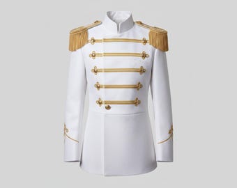 Königlicher weißer Militär bestickter Mantel | Prince Kommandant Jacke für Herren | Gold Epaulet Parade Blazer | Handgefertigtes Luxus Hochzeits Outfit