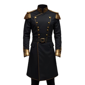 May include: Black military-style coat with gold accents. The coat features gold epaulets, buttons, and trim. It has a high collar, a belted waist, and gold cuffs. The coat is a long, formal garment, suitable for costumes or themed events.