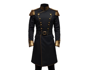 Royaler schwarzer Militärmantel für Männer | Gold Knopf Parade Jacke | Steampunk Kommandant Graben | Handgemachte Regal Cosplay Uniform