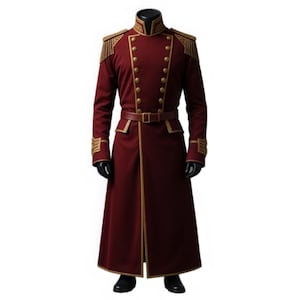 Könnte beinhalten: Ein burgunderfarbener Mantel im Militärstil mit goldenen Verzierungen und Knöpfen. Der lange Mantel hat einen hohen Kragen, Schulterklappen und einen passenden Gürtel. Die Ärmel haben goldene Details an den Manschetten. Der Mantel wird auf einer Schaufensterpuppe präsentiert.