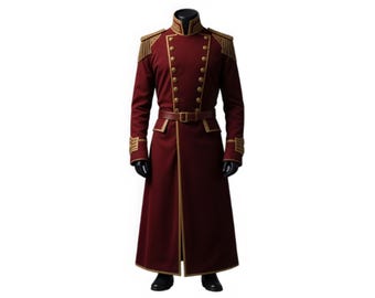 Militäroffizier Langer Mantel | Burgunder Goldbesatz Trenchcoat | Vintage Parade Uniform Style Mantel | Steampunk Jacke | Königlicher Wintermantel