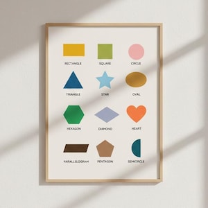 Basic shapes poster, colorful geometry chart, nursery classroom decor (digital download)