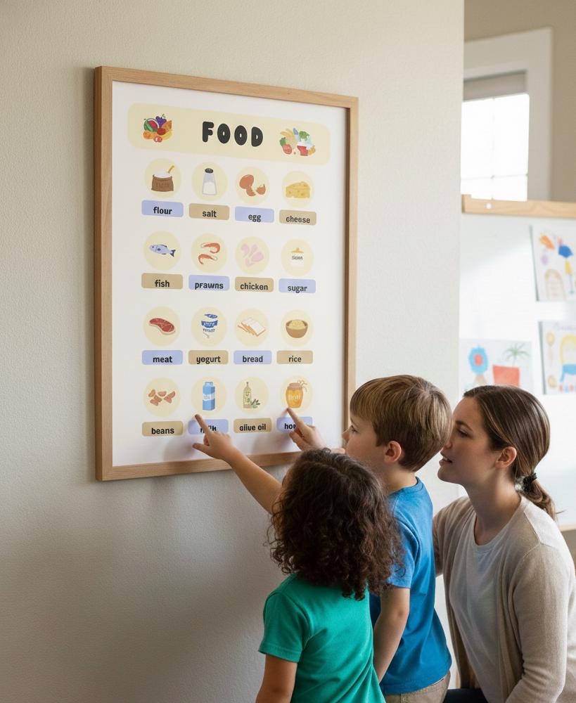 Basic Foods Poster for Kids, Kitchen Vocabulary Wall Art, Montessori ...