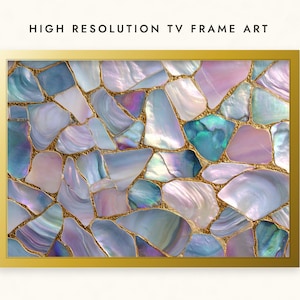 May include: High resolution TV frame art featuring a mosaic of iridescent, pearlescent shell fragments in shades of blue, purple, and white, separated by thin gold lines. The rectangular artwork is enclosed in a thin, solid gold-colored frame.