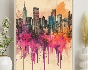 Graffiti Printable Wall Art Watercolor Graffiti Skyline Art Print Abstract Cityscape Digital Download