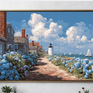Arte de TV con marco Nantucket, decoración de cabaña costera americana con paisaje de hortensias blancas y protector de pantalla con faro junto al mar, descarga digital