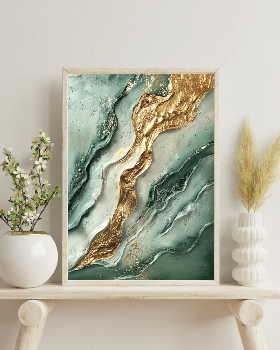 Green Marble Printable Wall Art Green Abstract Art Print Mint & Gold ...