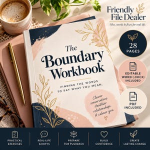 May include: A workbook titled The Boundary Workbook with a cream cover, navy blue and soft pink abstract shapes, and gold leaf illustrations. The text reads Finding the words to say what you mean, plus Clearer conversations. Healthier relationships. A calmer you.