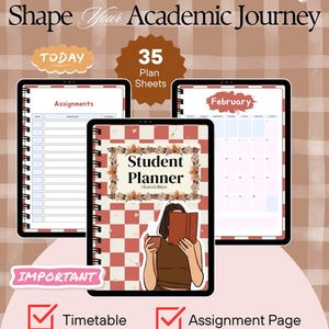 Könnte beinhalten: Ein Studentenplaner mit dem Text "2026 Student Planner" und "Shape Your Academic Journey". Der Planer enthält 35 Planblätter, Aufgabenblätter, einen Stundenplan, Notizseiten und einen Monatsplaner. Das Cover zeigt eine Studentin beim Lesen eines Buches.