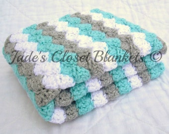 Crochet baby blanket, Stripes of aqua blue, light gray, and white, Handmade newborn baby shower gift