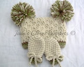 Crochet Baby Pom Pom Hat and Thumbless Mittens Set, Neutral Colors, Off White, Tan, Brown, and Green, Camo, 0 to 24 months