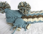 Baby Boy Gift Set, Crochet Baby Travel Blanket, Pom Pom Hat, and Thumbless Mittens Gift Set, Azure Blue, Chocolate Brown, and Off White