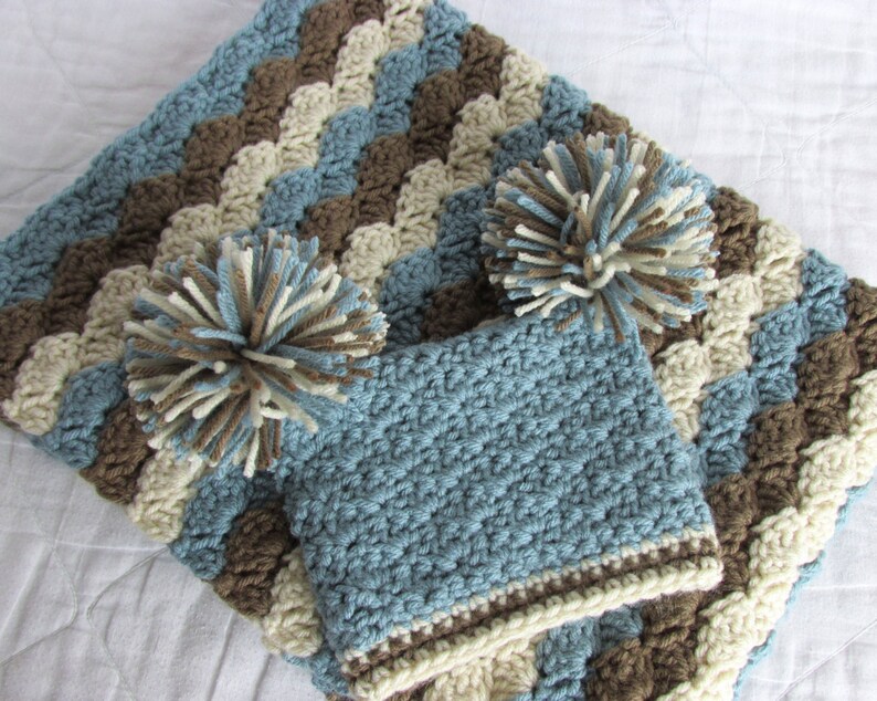 Baby Boy Gift Set Crochet Baby Crib Blanket and Pom Pom Hat Etsy