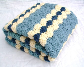 Crochet Baby Blanket, Blue and Cream Blanket, Newborn Baby Shower Gift