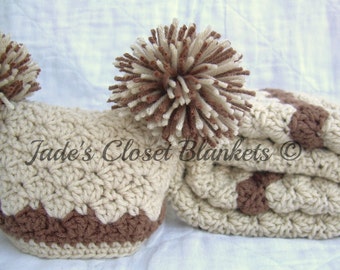 Baby Gift Set, Crochet Baby Travel Blanket and Hat Gift Set, Vanilla Latte with Chocolate accents