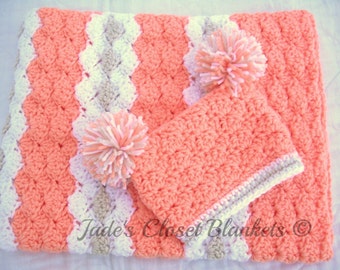 Baby Girl Gift Set, Crochet Peach Baby Crib Blanket and Hat Gift Set, Peaches and Cream, peach, white, and off white