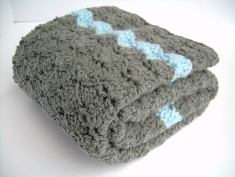 Crochet Baby Blanket Pattern, Instant Download, Slate Grey Blanket with Baby Blue Accent Stripe, Crib size and Travel size included image 2