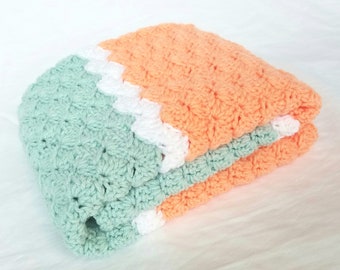 Crochet baby blanket, Stripes of pastel peach and light mint green, Handmade baby shower newborn gift
