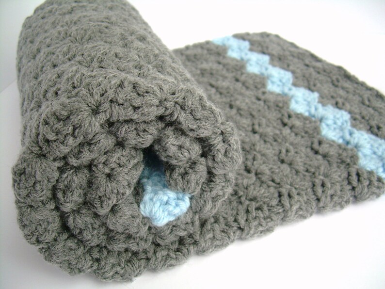 Crochet Baby Blanket Pattern, Instant Download, Slate Grey Blanket with Baby Blue Accent Stripe, Crib size and Travel size included image 3