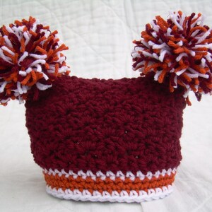 Crochet Baby Hat with Pom Poms, Maroon, Orange, and White, Virginia Tech, 0 to 18 months image 4