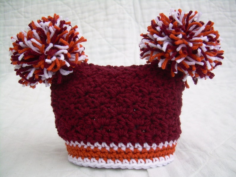 Crochet Baby Hat with Pom Poms, Maroon, Orange, and White, Virginia Tech, 0 to 18 months image 4