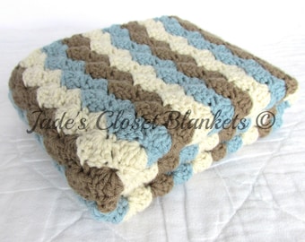 Crochet Baby Blanket, Blue, Brown, and Cream Off White Stripes, Newborn Baby Shower Gift