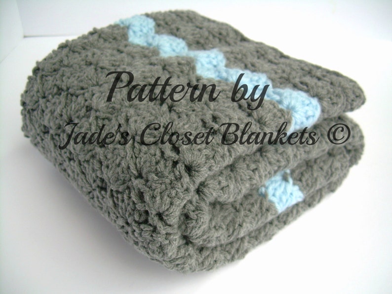 Crochet Baby Blanket Pattern, Instant Download, Slate Grey Blanket with Baby Blue Accent Stripe, Crib size and Travel size included image 1