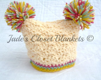 Crochet Baby Girl Hat with Pom Poms, Cream with pink, yellow, and green, 0 to 18 months