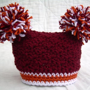 Crochet Baby Hat with Pom Poms, Maroon, Orange, and White, Virginia Tech, 0 to 18 months image 1