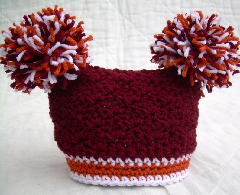 Crochet Baby Hat with Pom Poms, Maroon, Orange, and White, Virginia Tech, 0 to 18 months image 1