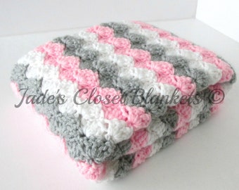 Crochet baby blanket, Pink gray and white stripes, Handmade newborn baby shower gift