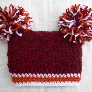 Crochet Baby Hat with Pom Poms, Maroon, Orange, and White, Virginia Tech, 0 to 18 months image 3