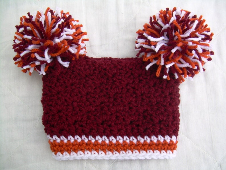 Crochet Baby Hat with Pom Poms, Maroon, Orange, and White, Virginia Tech, 0 to 18 months image 3