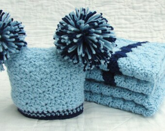 Baby Boy Gift Set, Crochet Baby Travel Blanket and Hat Gift Set, Little Boy Blue