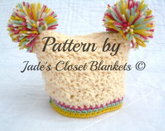 Crochet Baby Pom Pom Hat Pattern, Instant Download, PDF Pattern, Double Pom Pom, Shell Stitch Baby Hat, sizes newborn to 18 months
