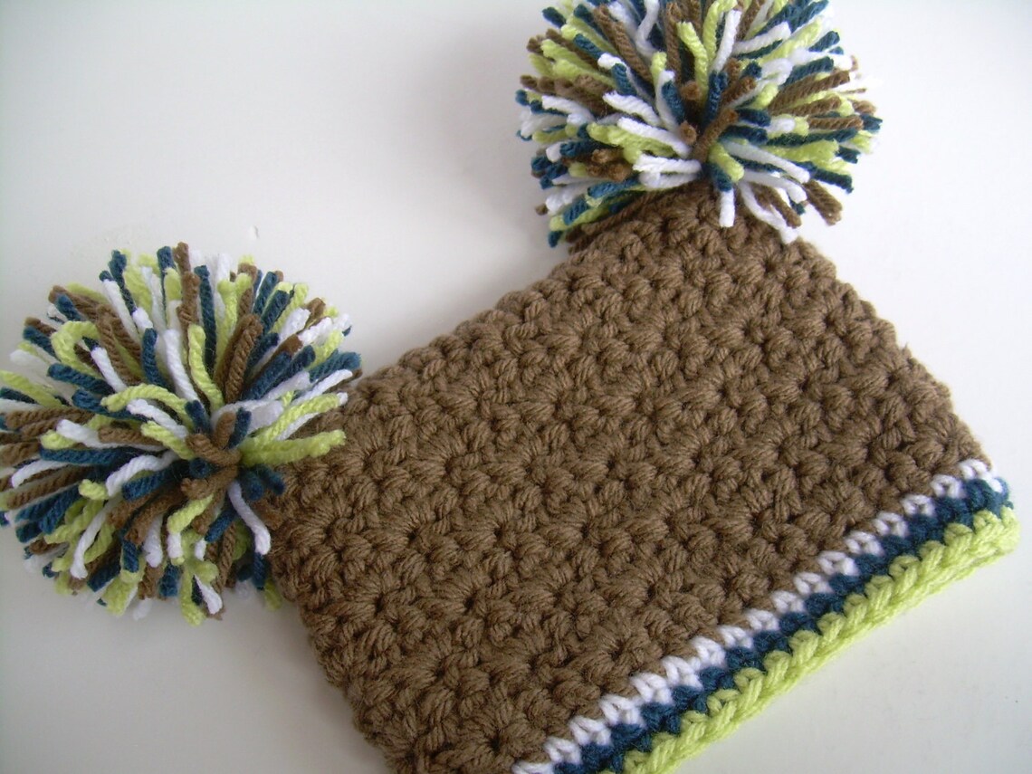 Crochet Baby Boy Hat With Pom Poms Chocolate Brown With Cape Etsy