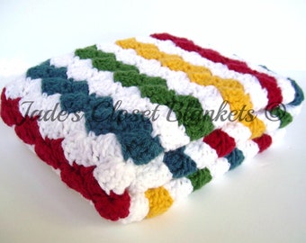 Crochet baby blanket, Rainbow primary stripes and white, Handmade newborn baby shower gift