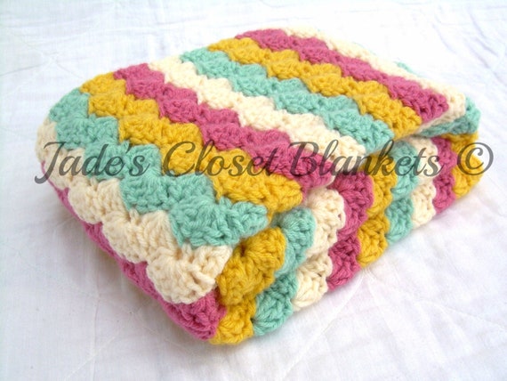 Crochet Baby Blanket Stripes of Pink Sage Green Sunflower