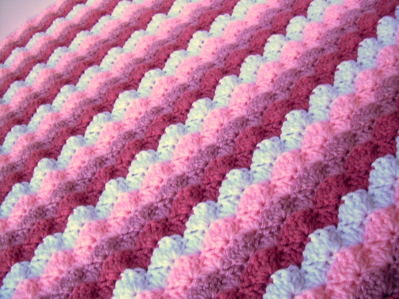 Crochet Baby Blanket Pattern, Instant Download, PDF Pattern, Shades of Pink, Shell Stitch Blanket, Crib size and Travel size included image 5