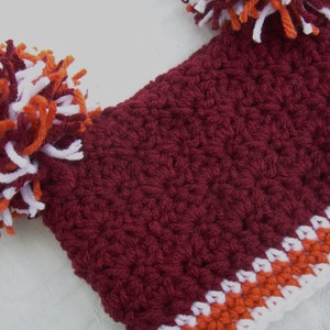 Crochet Baby Hat with Pom Poms, Maroon, Orange, and White, Virginia Tech, 0 to 18 months image 2