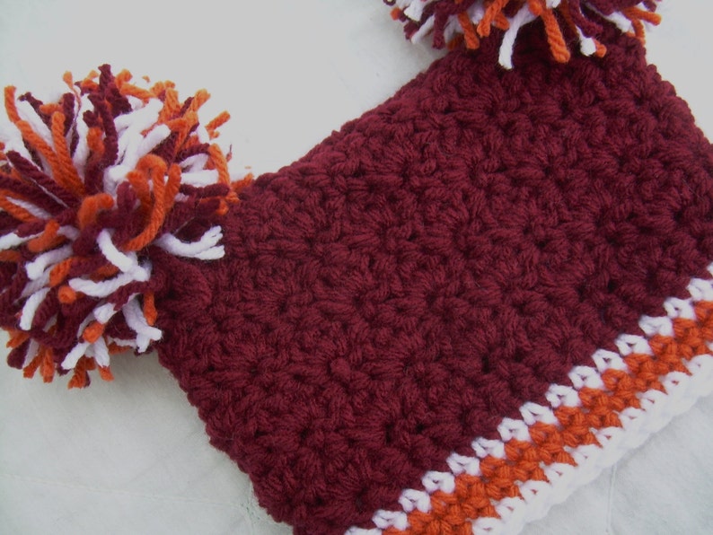 Crochet Baby Hat with Pom Poms, Maroon, Orange, and White, Virginia Tech, 0 to 18 months image 2